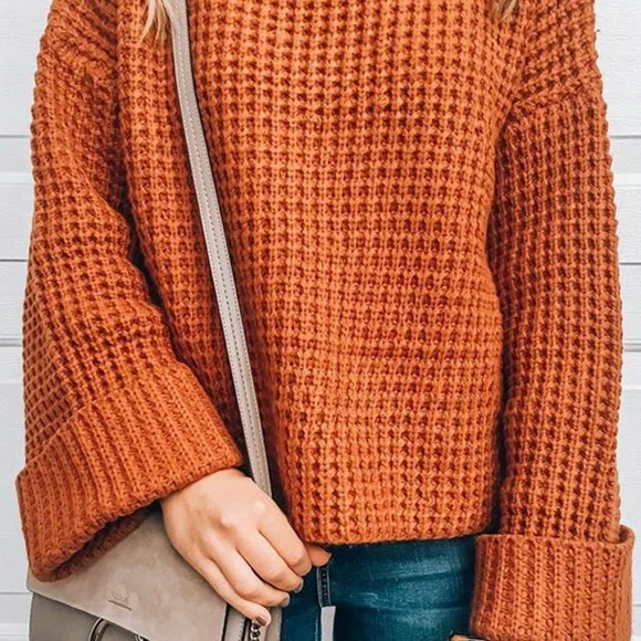 LAST Pumpkin Waffle Knit Turtle Neckline Sweater - Picture 5 of 6